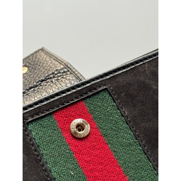 GUCCI 1953 Black Sueded Leather Striped Web Horsebit Continental Flap Wallet - Picture 12 of 16